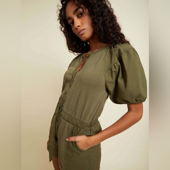 NATION LTD Garner Combo Romper - Ivy Green Size XS Cotton Puff Sleeves Neutral - Picture 3 of 16